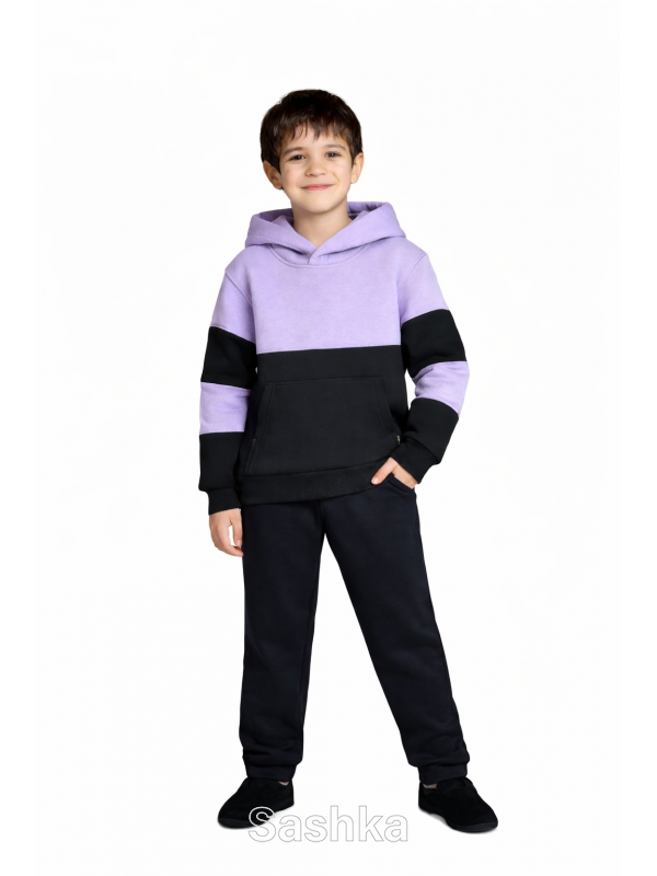 Трикотажний костюм на флісі бузково-чорний з чорними штанами для хлопчика 